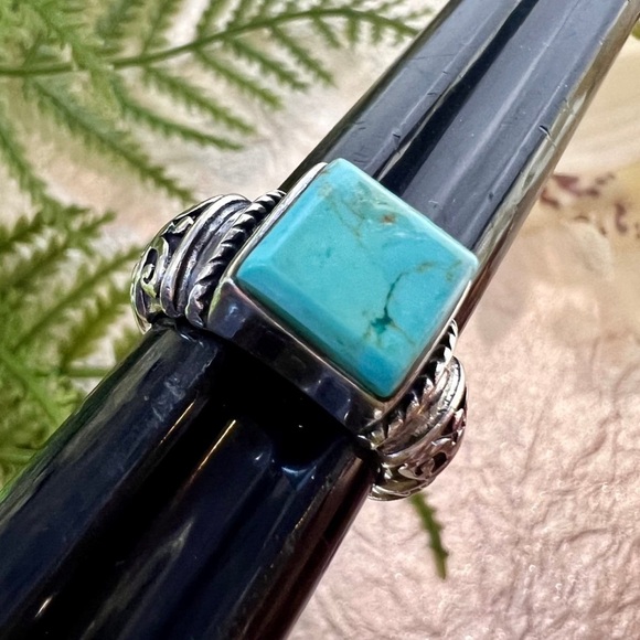 Vintage Square cut Turquoise Ring Handmade Solid 925 Sterling Silver about sz. 7 - Picture 6 of 16